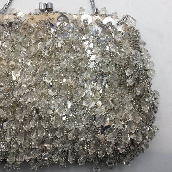 Vintage Beaded Sequin Clutch Evening Bag Wedding Snap White Made Hong Kong Purse - Picture 5 of 16